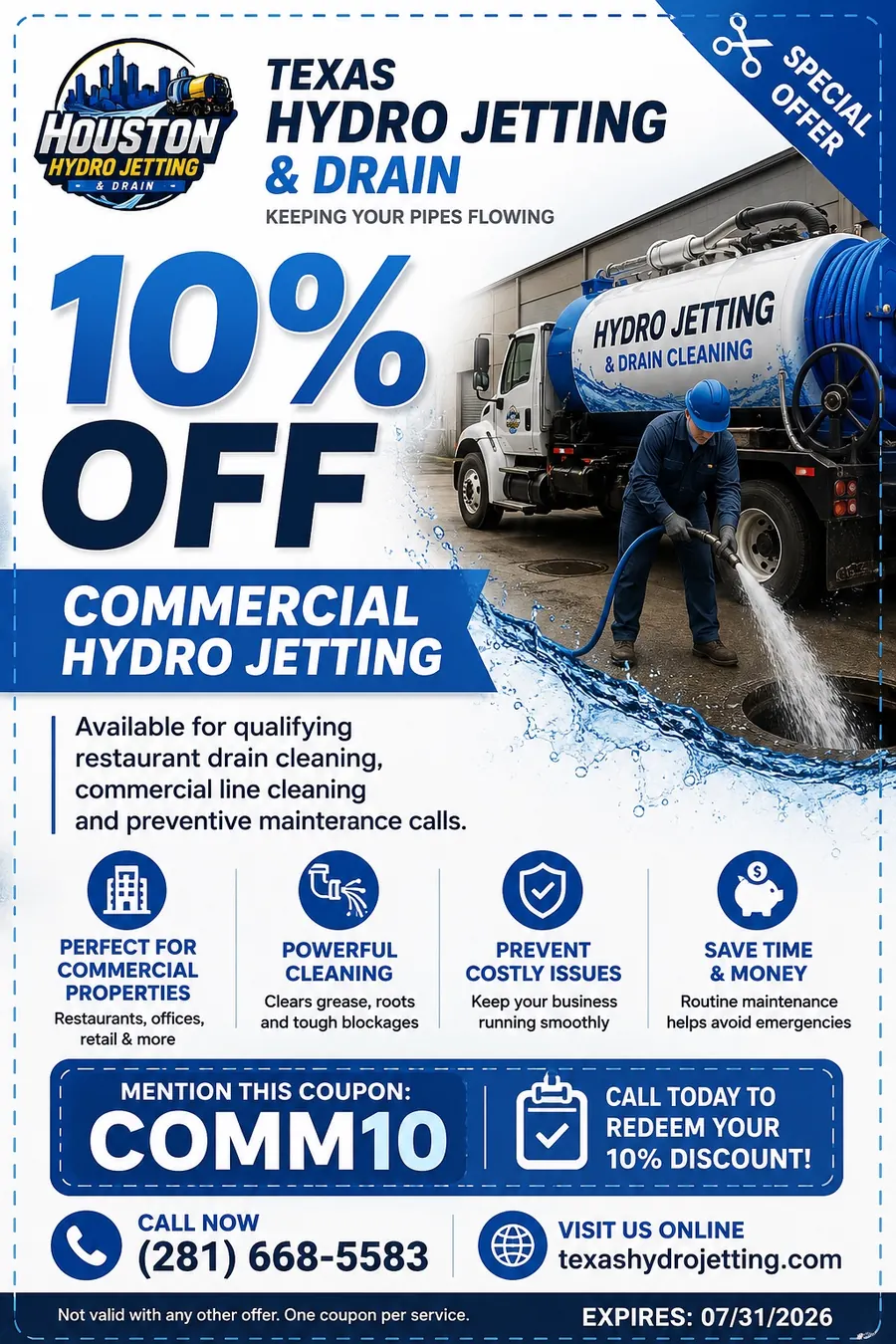 Commercial Hydro Jetting Coupon COMM10 10% off commercial hydro jetting coupon code COMM10